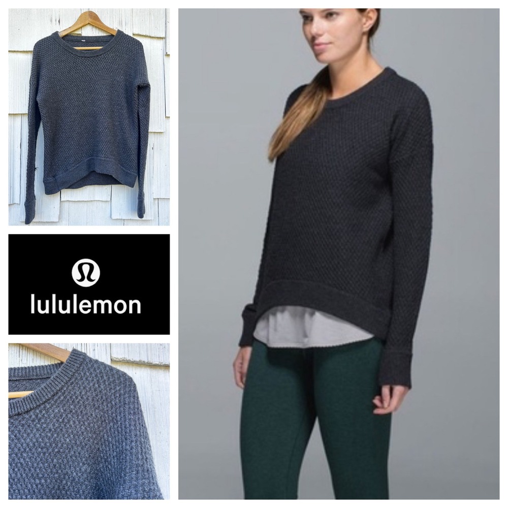 Lululemon Yogi Grey Waffle Knit Crew Neck Long Sleeve Sweater Thumbholes Women's